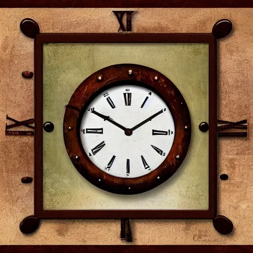 Image similar to A rustic album cover of a clock, rusty