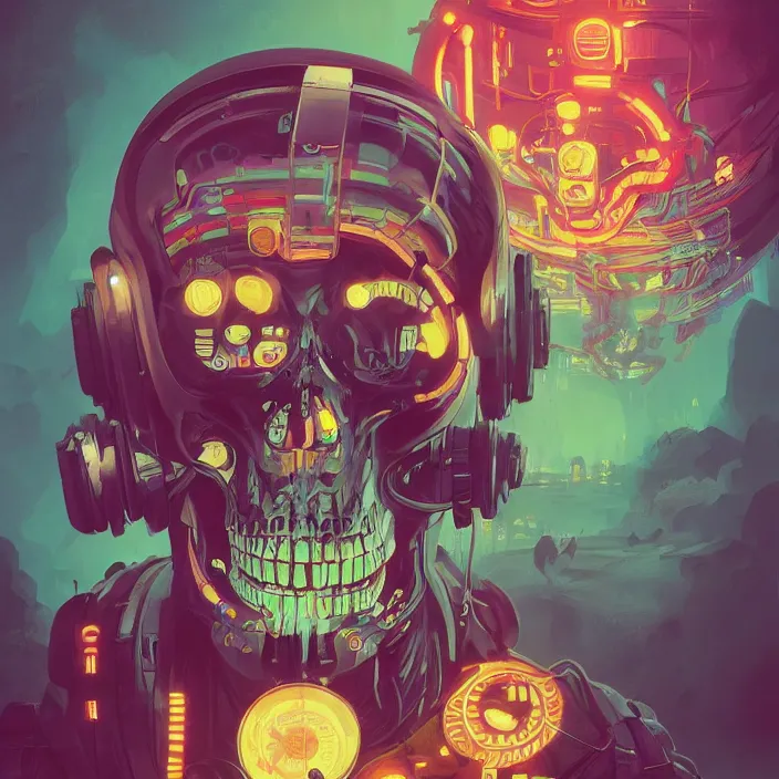 Image similar to a beautiful painting of a cyberpunk skull by simon stalenhag and pascal blanche and sachin teng and alphonse mucha. in style of digital art. colorful comic, film noir, symmetry, hyper detailed. octane render. trending on artstation