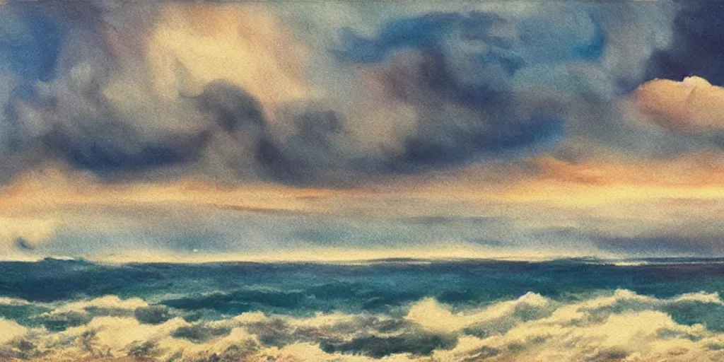 Image similar to a beautiful painting of iceland, storm clouds gathering over the sea, by studio ghibli 8 k pastel colours, smeared watercolours, golden light film grain