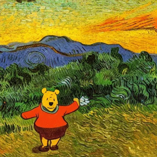 Image similar to winnie the pooh standing on a hill with sunset in background, oil painting, art by vincent van gogh