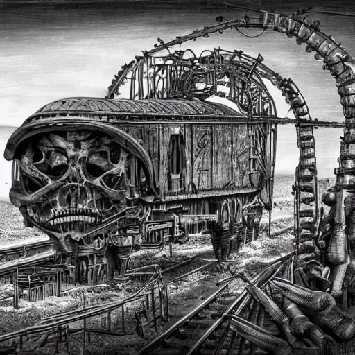 Image similar to boxcar made of human meat and bone, biomechanical railroad, highly detailed, War Photography, Pushead art, by H.R. Giger