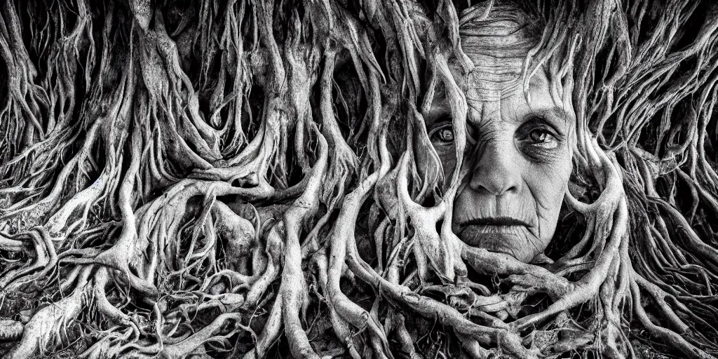 Prompt: photography of old ugly witch living in a root cave, edelweiss growing from her head, forest, dolomites, alpine, detailed intricate insanely detailed octane render, 8k artistic 1920s photography, photorealistic, black and white, chiaroscuro, hd, by David Cronenberg, Raphael, Caravaggio