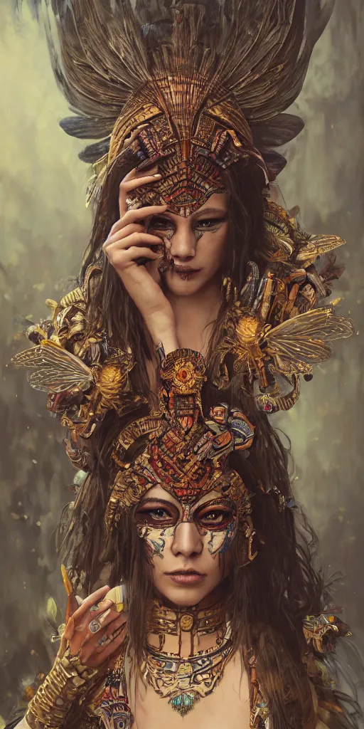 Image similar to a Photorealistic dramatic fantasy render of a beautiful woman wearing a beautiful intricately detailed Aztec Insect shaman mask and costume by WLOP,Artgerm,Greg Rutkowski,Alphonse Mucha, Beautiful dynamic dramatic dark moody lighting,shadows,cinematic atmosphere,Artstation,concept design art,Octane render,8K W 768