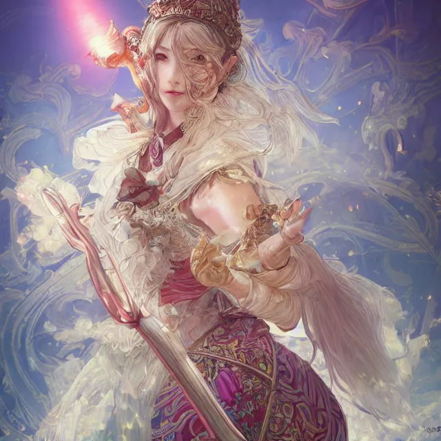 Image similar to the portrait of neutral good colorful female cleric bard as absurdly beautiful, gorgeous, elegant, young gravure idol, an ultrafine hyperdetailed illustration by kim jung gi, irakli nadar, intricate linework, sharp focus, bright colors, octopath traveler, final fantasy, unreal engine 5 highly rendered, global illumination, radiant light, detailed and intricate environment