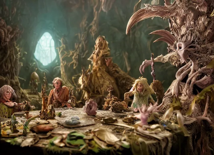 Image similar to studio photography of a fantasy claymation diorama of the dark crystal, zeiss lens, detailed, by erwin olaf, joop geesink, wes anderson, jim henson, brian froud, breathtaking, 8 k resolution, extremely detailed, beautiful, establishing shot, realistic materials, weta digital fx manuka, unreal engine, hyperrealistic