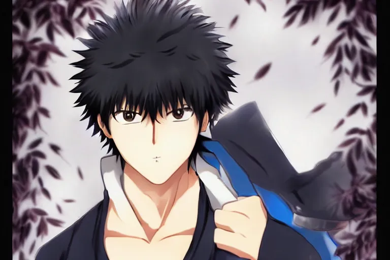 Prompt: A cold handsome young man，Black short hair like a hedgehog, blue pupil, Hijikata Toushirou of Gintama,Kyoto Animation,Doujin,Popular on Pixiv