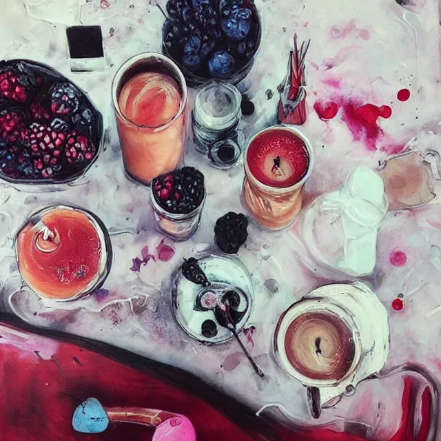 Image similar to “ sensual, a portrait in a female art student ’ s apartment, pancakes, iced latte, berries, art supplies, a candle dripping white wax, berry juice drips, neo - expressionism, surrealism, acrylic and spray paint and oilstick on canvas ”