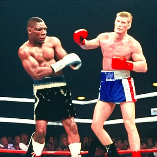 Prompt: mike tyson boxing ivan drago in a boxing ring in the movie rocky ii. movie still