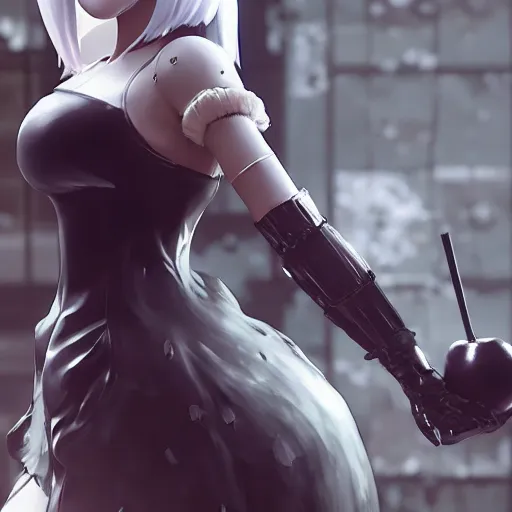 Prompt: 2B nier automata holding a apple, detailed, artstation, concept art, Unreal Engine 5 render, gameplay showcase, 8K