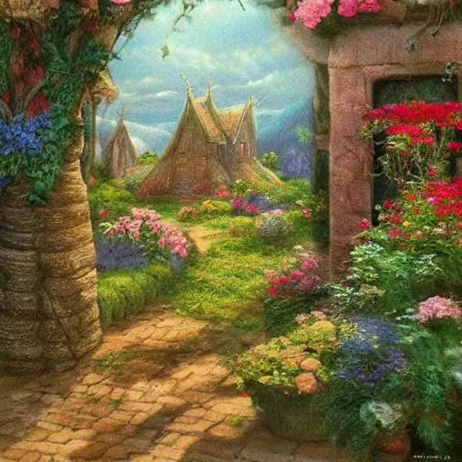 Image similar to garden in an elven village, fantasy, pastel