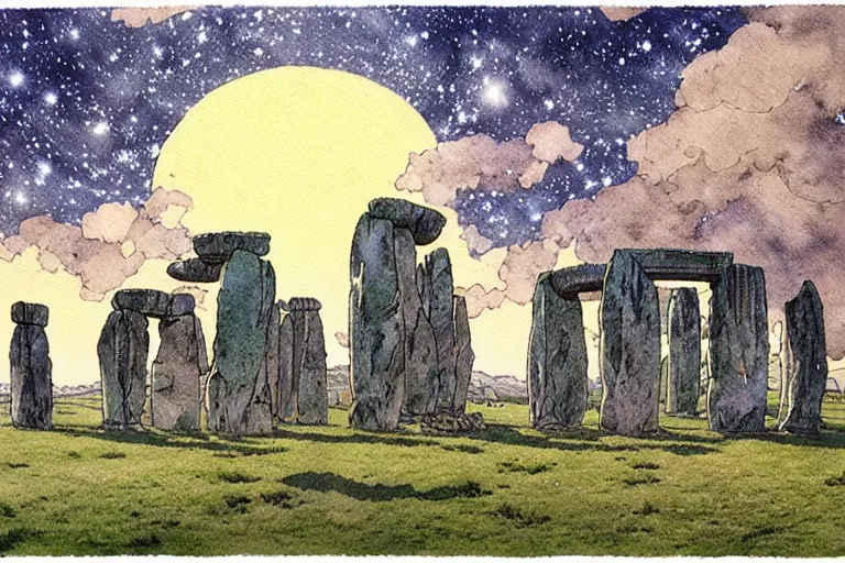 Prompt: hyperrealist studio ghibli watercolor fantasy concept art of a 1 0 0 ft. giant sittong on stonehenge. it is a misty starry night. by rebecca guay, michael kaluta, charles vess