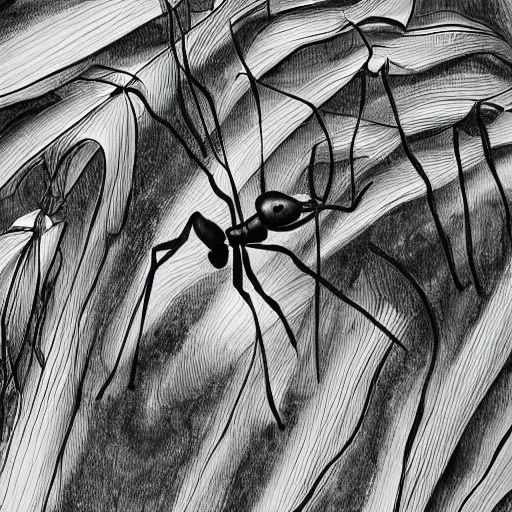 Image similar to ant, black and white, botanical illustration, black ink on white paper, bold lines