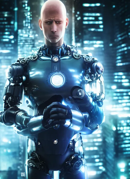 Image similar to Realistic Cyborg One Punch Man with blue eyes, futuristic city, artistic pose, light atmosphere, cinematic shot, intricate, ornate, photorealistic, ultra detailed, realistic, 100mm, photography, octane, high definition, depth of field, bokeh, 8k, artstation