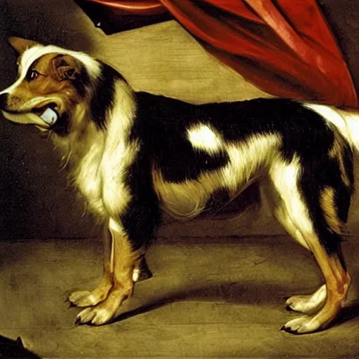 Image similar to A Hellhound corgi, caravaggio