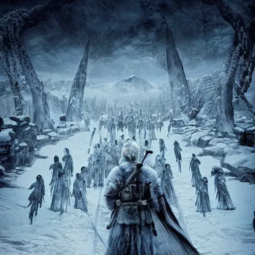 Prompt: White Walkers roam beyond the wall on a snowy night approaching The Wall, detailed, realistic, intricate, award winning photo in the style of Avatar The Last Airbender