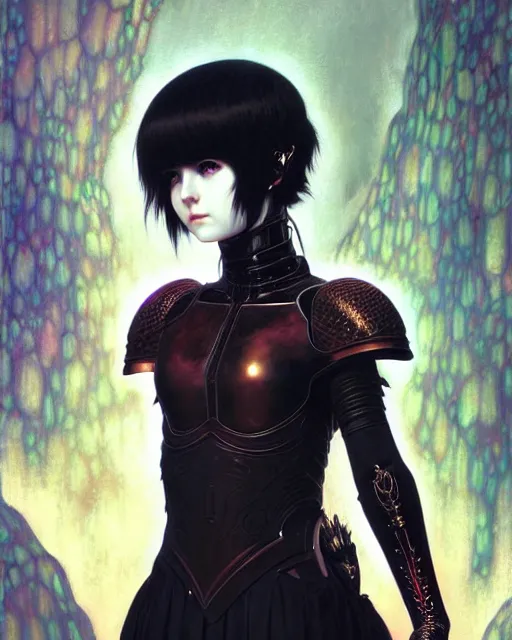 Image similar to portrait of beautiful cute young goth maiden girl with short white hairs in warhammer armor, art by ( ( ( kuvshinov ilya ) ) ) and wayne barlowe and gustav klimt and artgerm and wlop