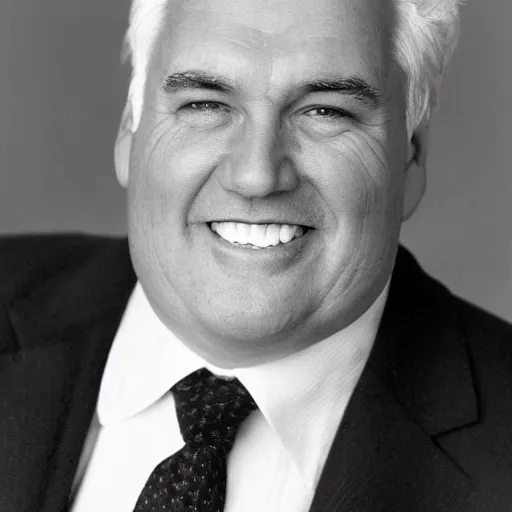 Image similar to close - up portrait of chubby chubby chubby white clean - shaven man in his sixties with white hair wearing a suit and tie, open mouthed smile,