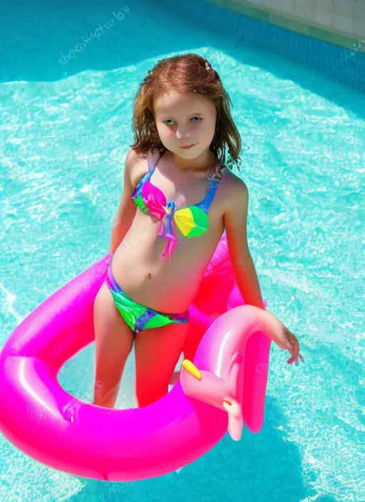 Image similar to color sketch of a young girl in a swimming pool, with an inflatable flamingo floating nearby, professional