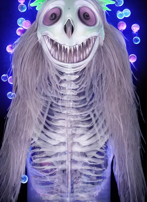 Prompt: plasticy kawaii portrait of a silly bashful squishy scifi saliva skeksis witch, painfully adorable, soft bioluminescent membranes, gushy gills and baleen, translucent skin shows cute skeletal details in front of arcade bokeh lights, friendly, occult, gelatinous with wittle tiny teeth, artgerm