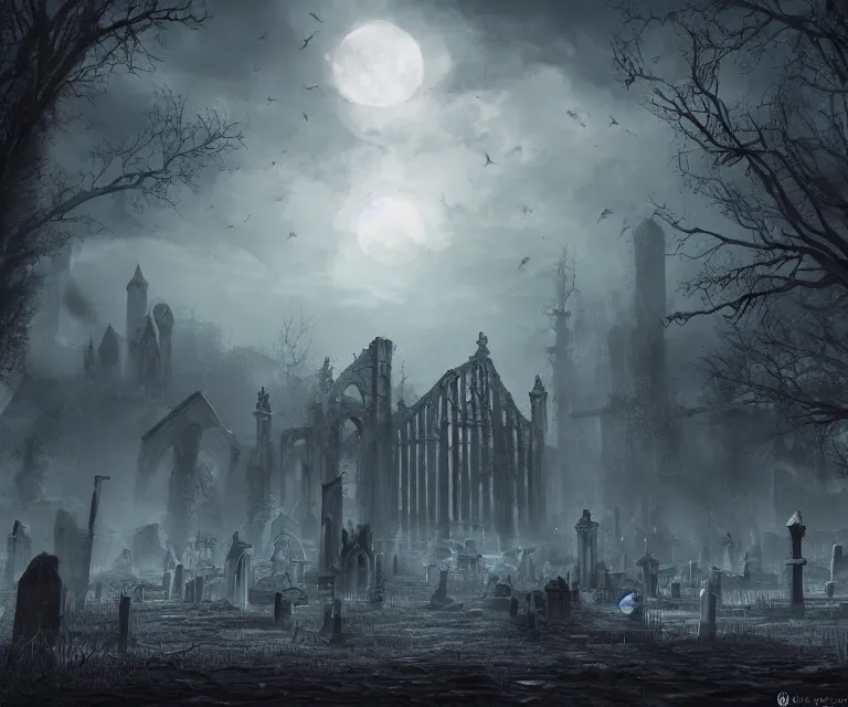 Prompt: a city of tombs and tombstones, graveyard landscape, ghostly spirits, giant grave structures, giant tomb structures, bloodborne, dark fantasy, digital art, fantasy art