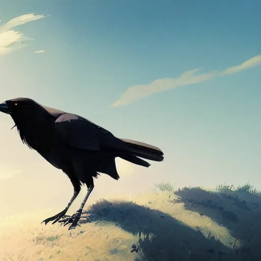 Image similar to a wholesome animation key shot of a crow on a hill, very coherent art, portrait shot, studio ghibli, pixar and disney animation, sharp, anime key art by greg rutkowski, bloom, dramatic lighting