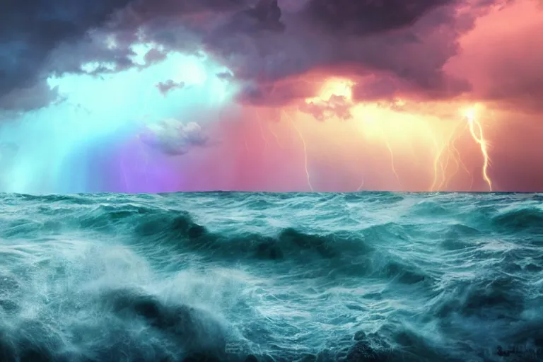 Prompt: colorful stormy sky, stormy ocean, forces of natures, clouds, sun rays, volumetric lightning, beautiful, deep colors, bright, amazing, gorgeous, wonderful, Hyper detailed digital matte painting, cinematic lighting, beatifully lit, concept art, hyperrealism, Cinema 4D, 8k resolution, 64 megapixels, coherent, CGSociety, ZBrush Central, behance HD, hypermaximalist, a masterpiece, 4K, trending on artstation