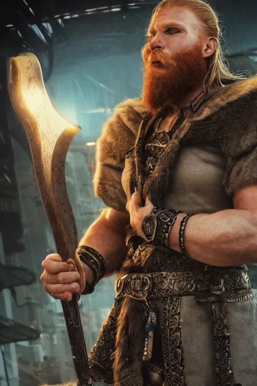 Image similar to cyberpunk viking, handsome and strong, red beard, runic, powerful stature, detailed intricate, 8 k, cinematic