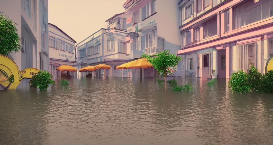 Image similar to 80s vaporwave outrun 3d Render of a german town being flooded, retro, grainy, noisy