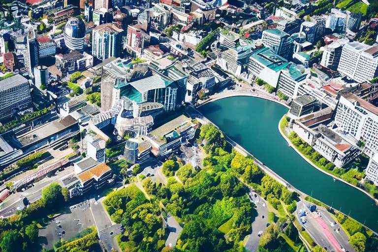 Image similar to bird's eye view photography of a small city. town hall, central farm, monorail station, beach and harbor. hills, woods and lake to the north.