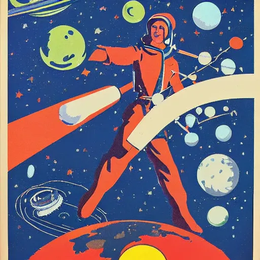 Image similar to soviet propaganda poster of colonization of the solar system