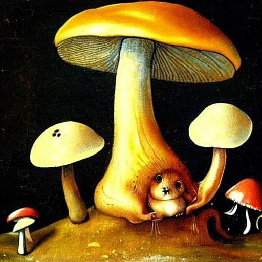 Image similar to a painting of a cute creature sitting next to a mushroom, detailed, realistic, in style of hieronymus bosch