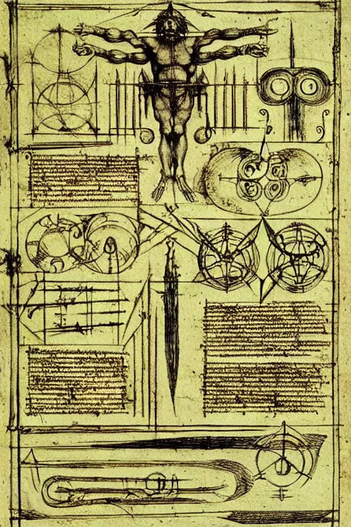 Image similar to design sheet of tools needed to summon a demon in an occult ritual by leonardo da vinci, blueprint page