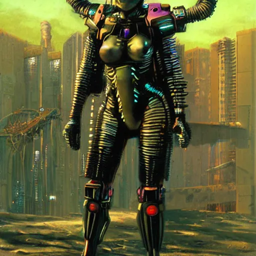 Prompt: a epic female cyberpunk powered armor, super complex and instruct, epic stunning atmosphere, hi - tech synthetic rna bioweapon nanotech demonic monster horror by syd mead, michael whelan, jean leon gerome, junji ito