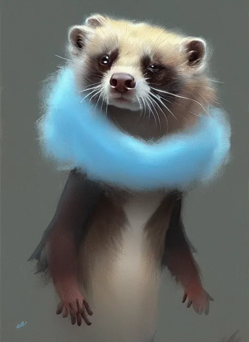 Image similar to very detailed masterpiece painting of a ferret wearing a fuzzy blue coat, portrait, artstation, concept art by greg rutkowski