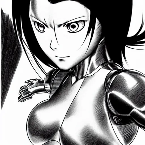 Image similar to alita by yukito kishiro. medium shot. black and white manga. pencil drawing.