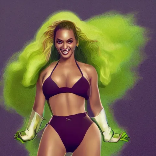 Image similar to Singer Beyoncé as She-Hulk, smiling, photorealistic drawing, sports illustrated, detailed legs, hyperreal, surreal, artstation, bokeh, tilt shift photography, photo illustration