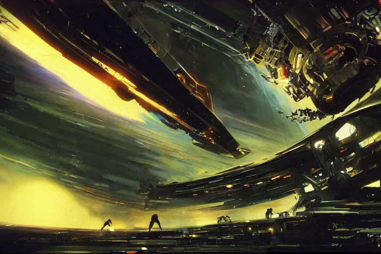 Prompt: a black alien spaceship descending on earth, weird angles, cinematic, shadows, 4 k, detailed, by john berkey!!!!!! and peter jackson and ridley scott and beeple!!! and greg rutowski