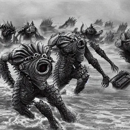 Prompt: archival footage of beach landing with monsters defending, cinematic trending on art station