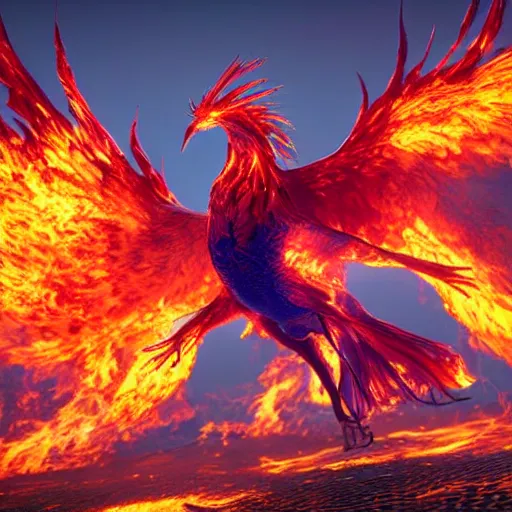 Prompt: hyperdetailed image of a detailed flaming phoenix full body wings spread 8 k extremely detailed hd hyperrealism unreal engine daz 3 d