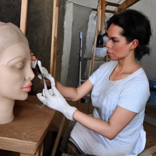 Prompt: a beautiful woman being sculpted with clay