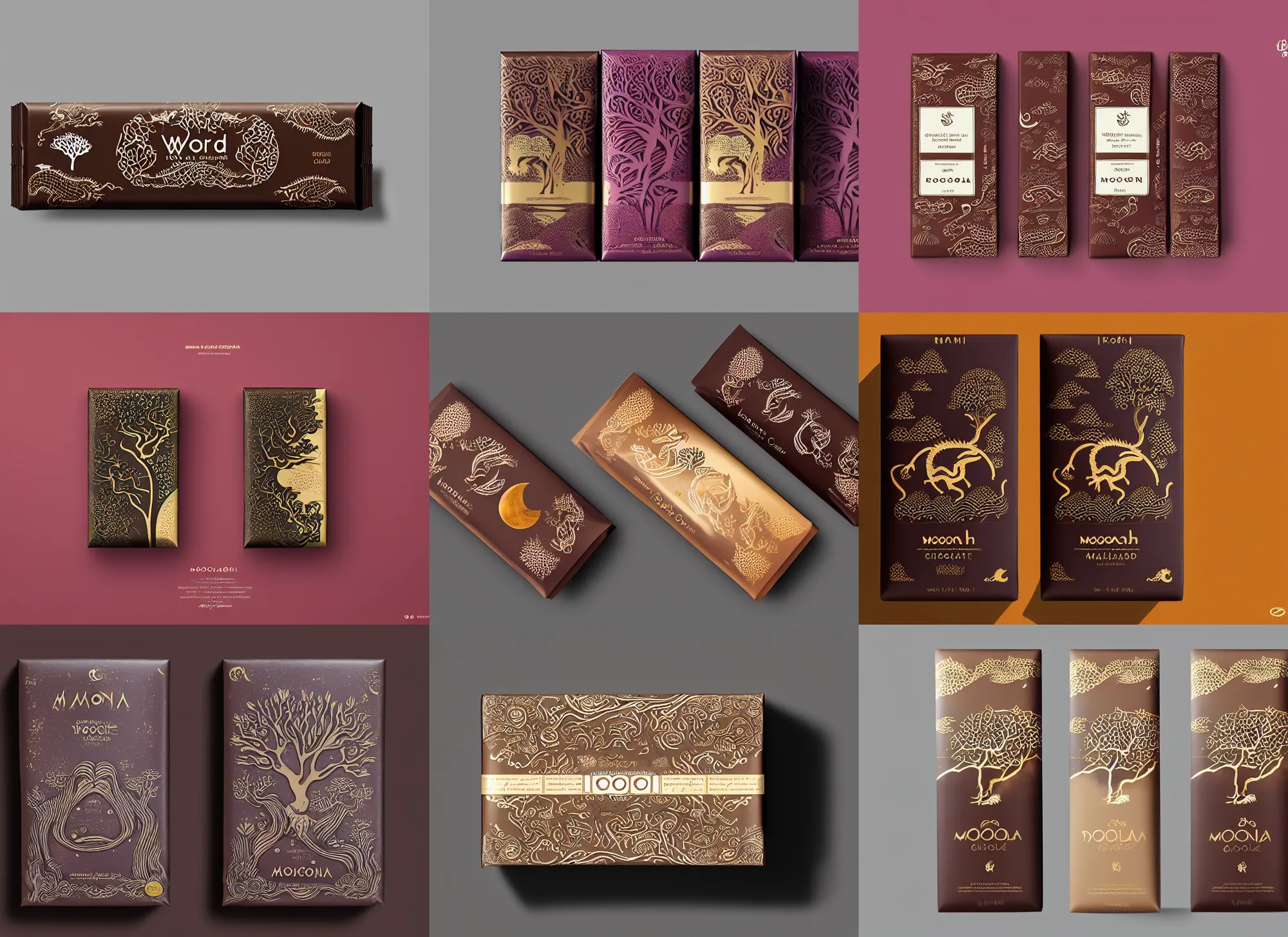 Prompt: conceptual designer chocolate bar packaging, inspired by moonlit socotra island with dragon trees, kerala motifs, label design, behance, pinterest, packaging of the world, award, front label, packaging design, octane render