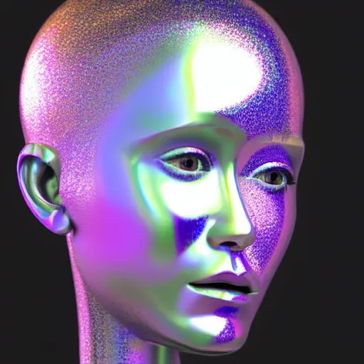 Image similar to 3d render of holographic human robotic head made of glossy iridescent, surrealistic 3d illustration of a human face non-binary, non binary model, 3d model human, cryengine, made of holographic texture, holographic material, holographic rainbow, concept of cyborg and artificial intelligence