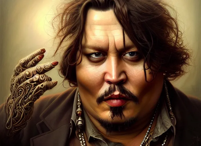 Image similar to wideangle!! portrait shot of fat johnny depp, intricate, elegant, highly detailed, centered, digital painting, artstation, concept art, smooth, sharp focus, illustration, artgerm, tomasz alen kopera, peter mohrbacher, donato giancola, joseph christian leyendecker, wlop, boris vallejo