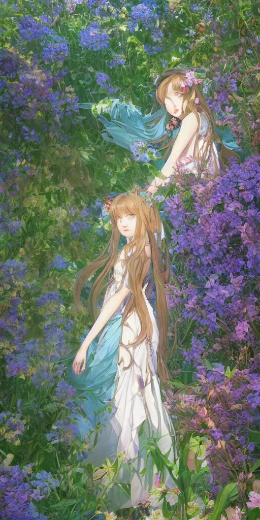 Image similar to a digital art of a loli with long hair in a dress in the privet garden at after noon, green and warm theme, mediumslateblue flowers, low angle, back lighting, by krenz cushart and mucha and akihito yoshida and greg rutkowski, highly detailed, 4 k resolution, trending on art station