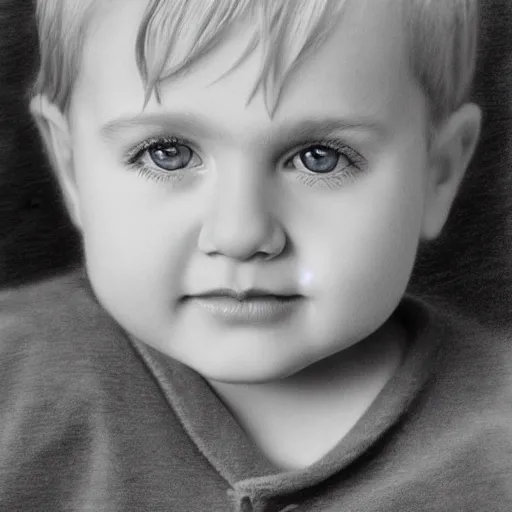 Image similar to pencil drawing of a toddler boy with curly light blond hair and blue eyes, photography, realistic