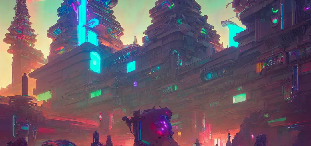 Image similar to street view of a cybernetic temple, vaporwave aesthetic, colorful, psychedelic, digital painting, artstation, concept art, smooth, sharp focus, illustration, art by artgerm and greg rutkowski and alphonse mucha