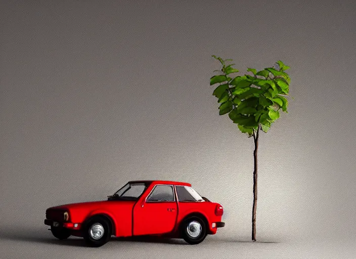 Image similar to a small miniature of a red Datsun 1200 on a white table near a book and a vase with a plant, 3d render, octane render, unreal engine 5, path tracing, serene landscape, calm, relaxing, beautiful landscape, highly detailed, high quality, 4k, symmetrical, low contrast