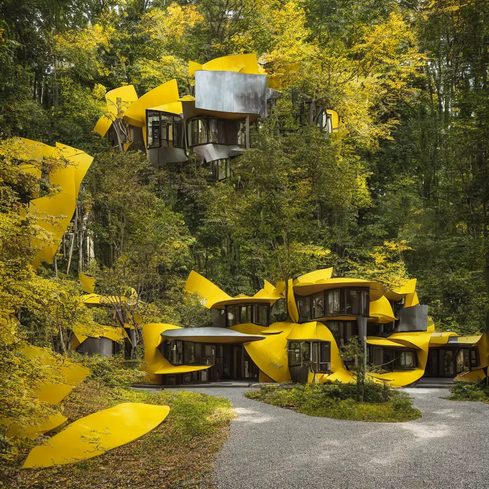 Image similar to a house in a light forest clearing, designed by Frank Gehry. Tiles. Gravel pathway with parking. Film grain, cinematic, yellow hue