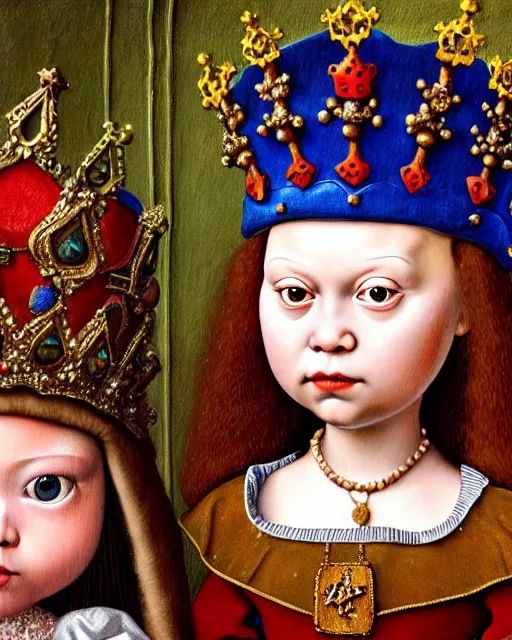 Image similar to closeup medieval jan van eyck face portrait of tin toy greta thunberg as a fairytale princess wearing a crown eating cakes in the castle, bikini, hyper realistic, artstation, illustration, nicoletta ceccoli, mark ryden, lostfish, max fleischer, digital paint, matte paint, vivid colors, bright, cheerful, detailed and intricate environment