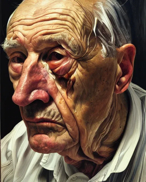 Prompt: a head and shoulders portrait a very ordinary old man with an sad expression, side angle, by Lucian Freud and Jenny Saville, oil painting, anatomically correct, beautiful perfect face, visible brushstrokes, sharp focus, Highly Detailed, Cinematic Lighting, 8k, HD